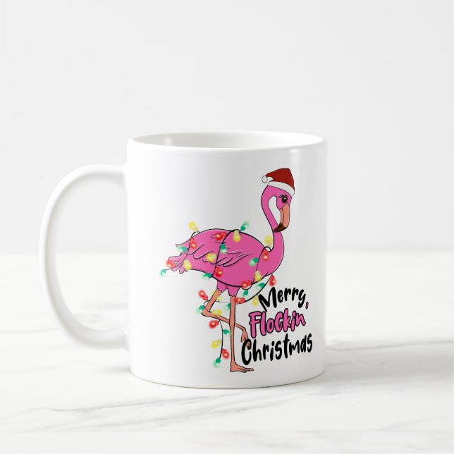 Funny Merry Flockin Christmas Flamingo Coffee Mug (Left)