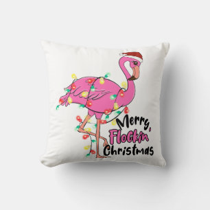 Funny Merry Flockin Christmas Flamingo Throw Pillow