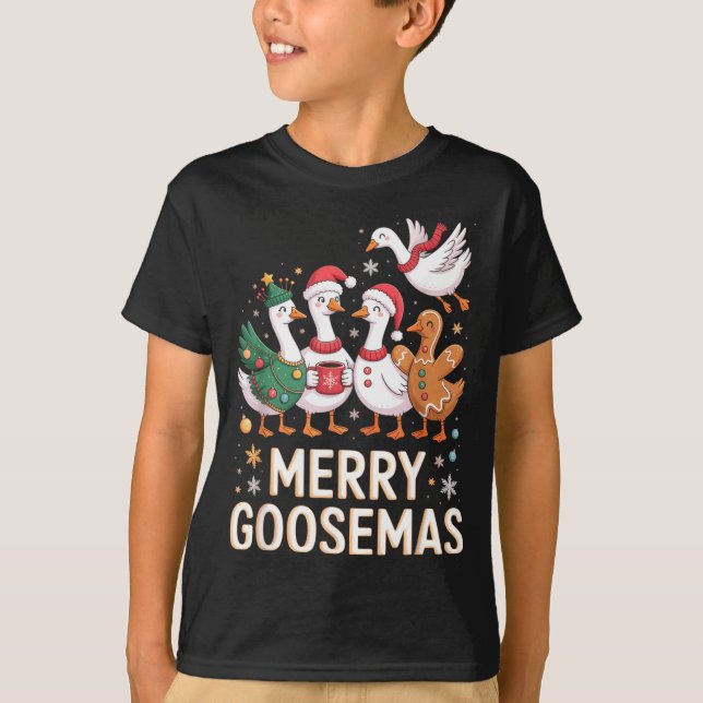 Funny Merry Goosemas Christmas Xmas Goose Family H T-Shirt (Front)