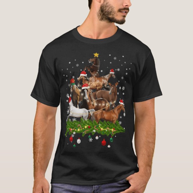 Funny Merry Horse Christmasree Lights Horse Santa  T-Shirt (Front)