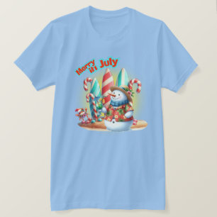 Funny Merry in July Snowman Surfboards on Beach  T-Shirt