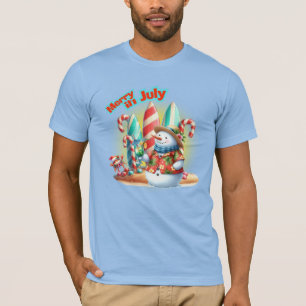 Funny Merry in July Snowman Surfboards on Beach  T-Shirt