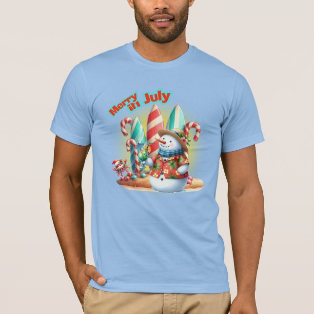 Funny Merry in July Snowman Surfboards on Beach  T-Shirt (Front)