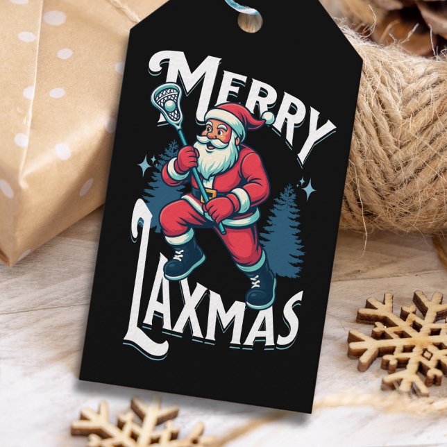 Funny Merry Laxmas Lacrosse Christmas Gift Tag (Merry Laxmas” gift tag with Santa holding a lacrosse stick on a festive wooden background.)