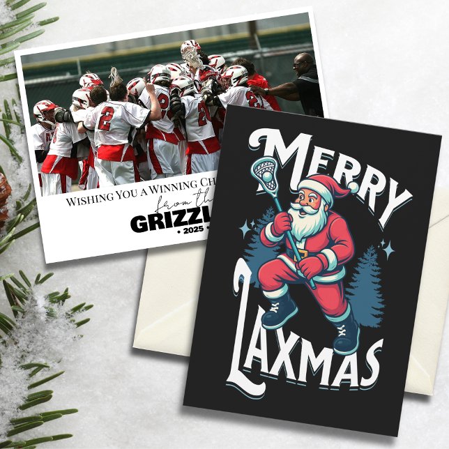 Funny Merry Laxmas Lacrosse Team Christmas Card (“Merry Laxmas” lacrosse-themed Christmas card with Santa design and team photo on snowy background.)