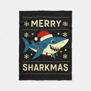 Funny Merry Sharkmas Christmas Shark Humor Fleece Blanket