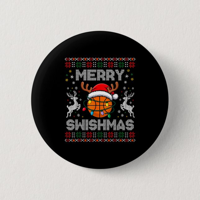 Funny Merry Swishmas Basketball Christmas Reindeer Button (Front)