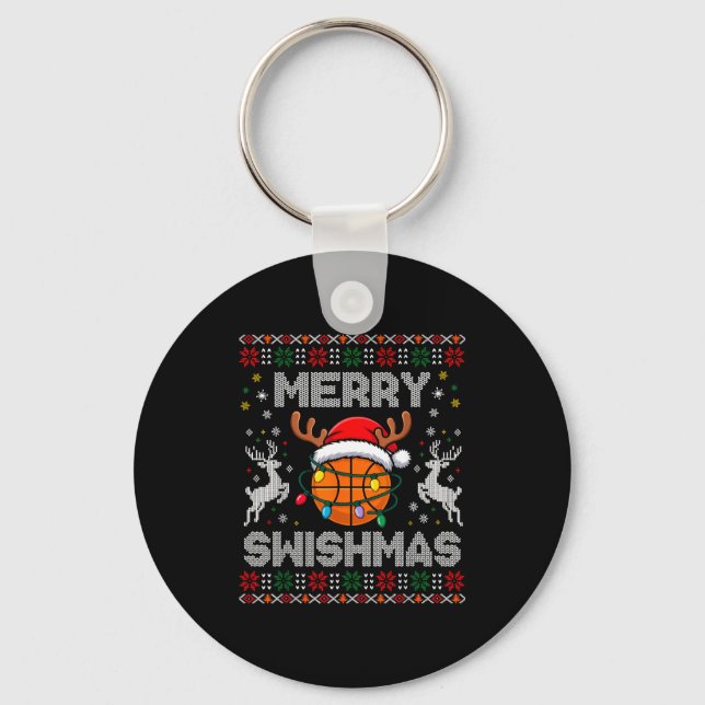 Funny Merry Swishmas Basketball Christmas Reindeer Keychain (Front)