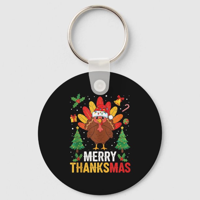 Funny Merry Thanksmas Happy Thanksgiving Santa Tur Keychain (Front)