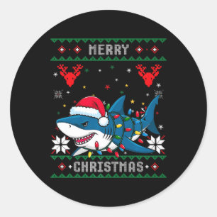 Funny Merry Ugly Christmas Shark Santa Hat Lights Classic Round Sticker