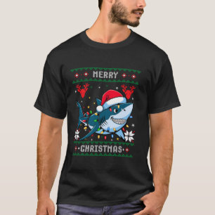 Funny Merry Ugly Christmas Shark Santa Hat Lights T-Shirt