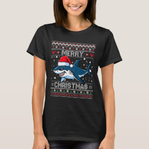 Funny Merry Ugly Christmas Shark Santa Hat Lights T-Shirt