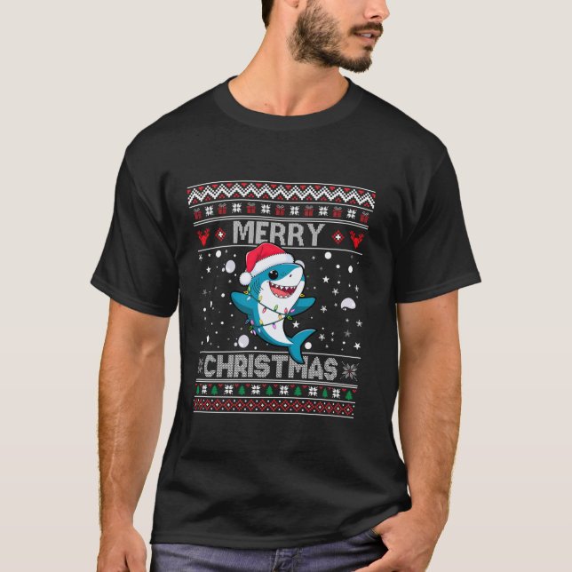 Funny Merry Ugly Christmas Tree Shark Santa Hat Li T-Shirt (Front)