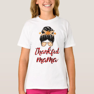 Funny Messy Bun One Thankful Mama Fall Autumn  T-Shirt