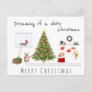 Funny messy dog home dreaming of a white christmas postcard