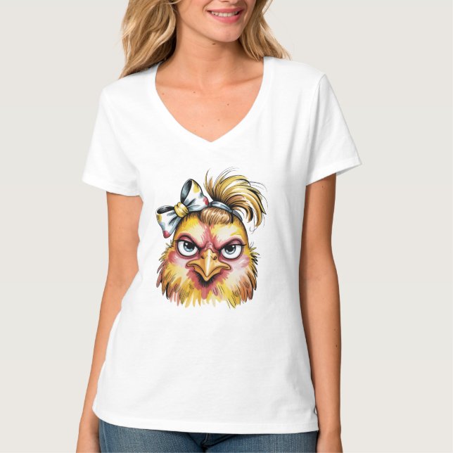 Funny Messy Hair Chicken Bow Sassy T-Shirt (Front)