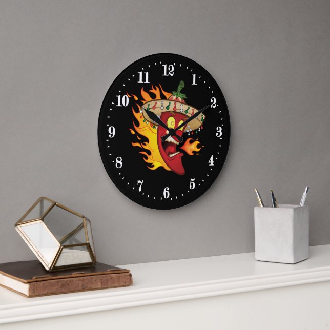 Funny Mexican chili pepper Large Clock (Office)