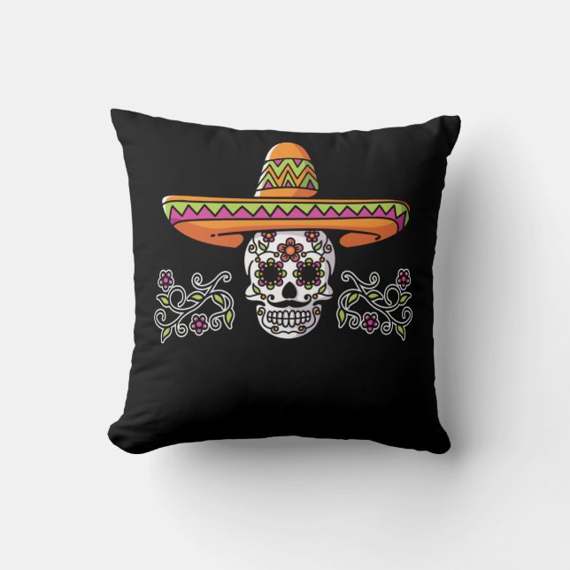 Funny Mexican Skull Sombrero Cinco de Mayo Throw Pillow (Front)