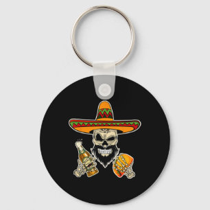 Funny Mexican Sugar Skull With Tacos And Beer Keychain