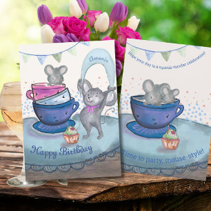 Funny Mice in Teacup - Birthday Mice Cupcake Card