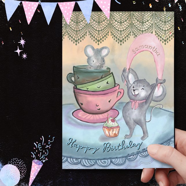 Funny  Mice Teacup Personalized Birthday Card (Funny Mice in Teacup Persnalized Birthday Card)