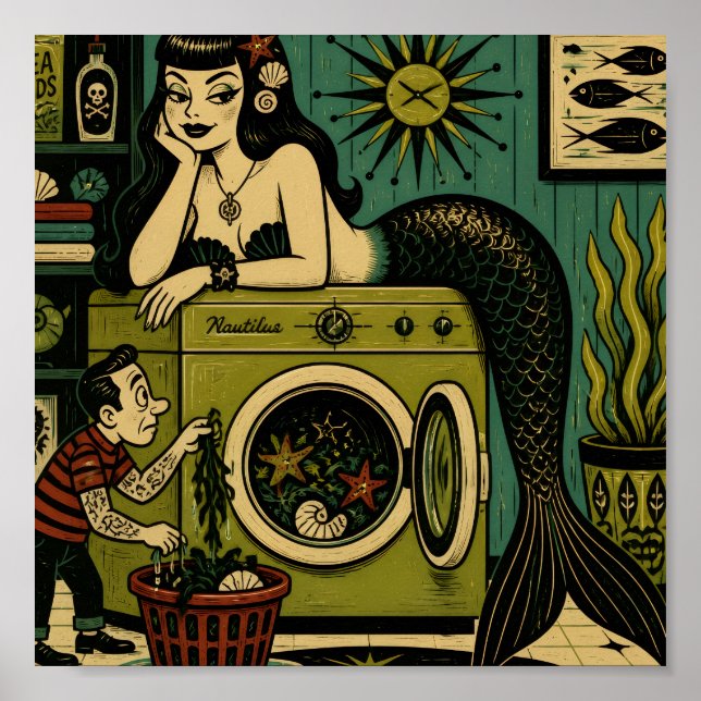 Funny Mid Century Sea Siren Laundry Day Poster (Front)