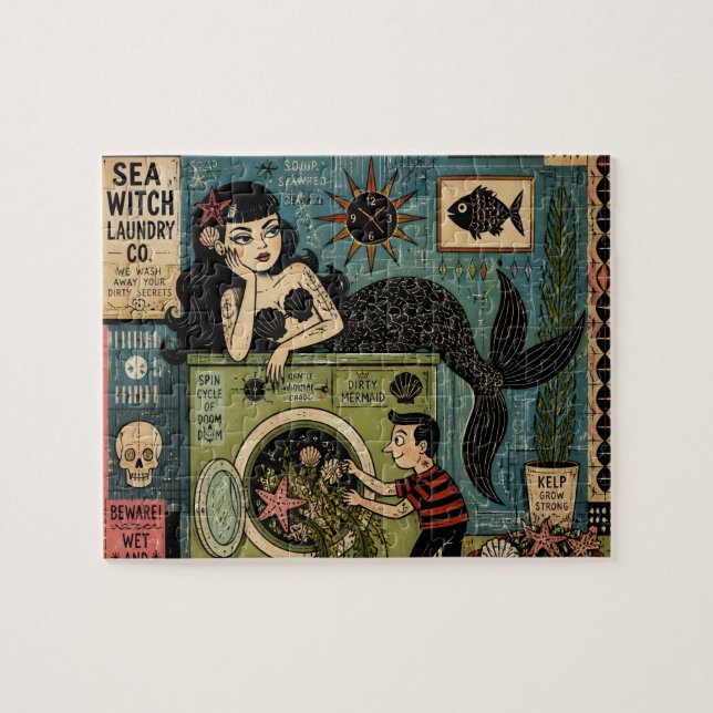 Funny Mid Century Sea Siren on Laundry Day Jigsaw Puzzle (Horizontal)
