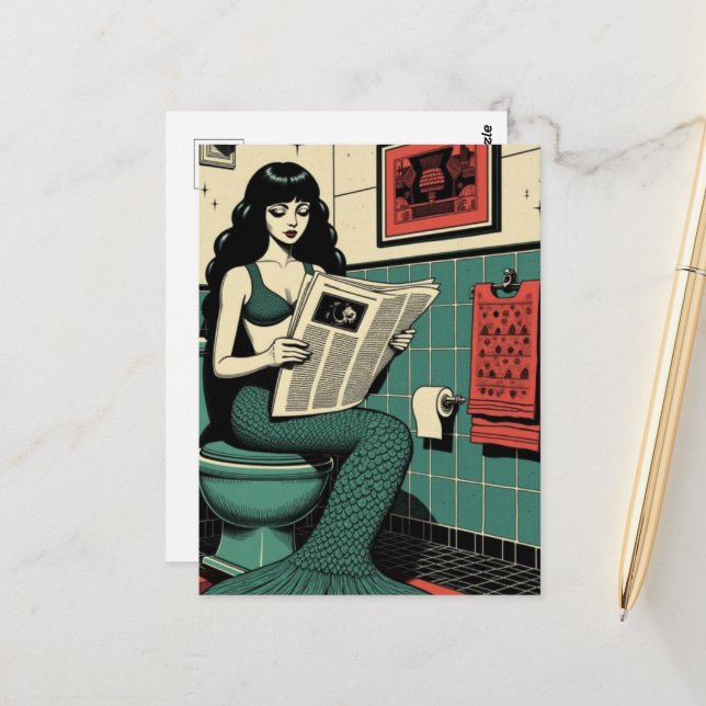 Funny Mid Century Sea Siren on Toilet Reading  Postcard (Front/Back In Situ)