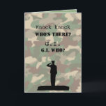 Funny Military Birthday Knock Knock Joke Card<br><div class="desc">This humorous greeting card for a member of the army or military or armed forces has a silhouette of a soldier saluting on a camouflage background. It has a G.I. knock knock joke with a funny answer. ----- You can change the punch line words in the template to personalize. It...</div>