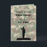 Funny Military Birthday Knock Knock Joke Card<br><div class="desc">This humorous greeting card for a member of the army or military or armed forces has a silhouette of a soldier saluting on a camouflage background. It has a G.I. knock knock joke with a funny answer. ----- You can change the punch line words in the template to personalize. It...</div>