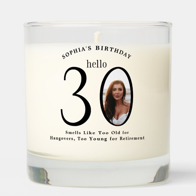 Funny Minimal Photo 30th Birthday Scented Candle (Front)