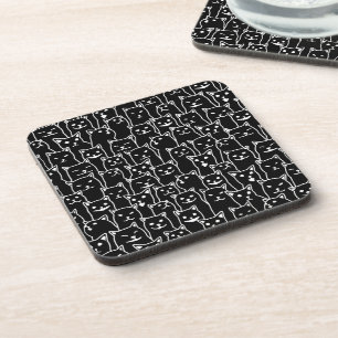 Funny Minimalist Black White Cat Line Art Pattern Beverage Coaster