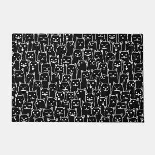 Funny Minimalist Black White Cat Line Art Pattern Doormat