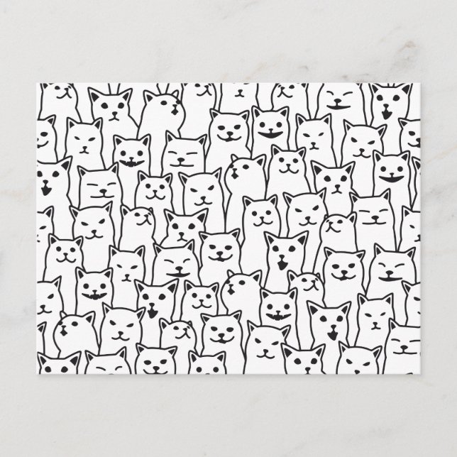 Funny Minimalist Black White Cat Line Art Pattern Postcard (Front)