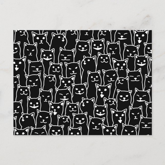 Funny Minimalist Black White Cat Line Art Pattern Postcard (Front)