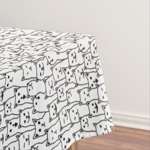 Funny Minimalist Black White Cat Line Art Pattern Tablecloth