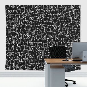 Funny Minimalist Black White Cat Line Art Pattern Tapestry