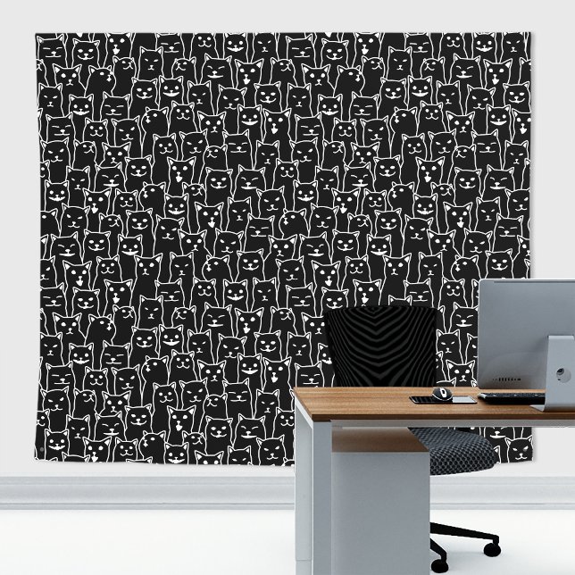 Funny Minimalist Black White Cat Line Art Pattern Tapestry (Cats zoom and home decor backdrop tapestry)