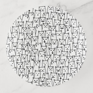 Funny Minimalist Black White Cat Line Art Pattern Trinket Tray
