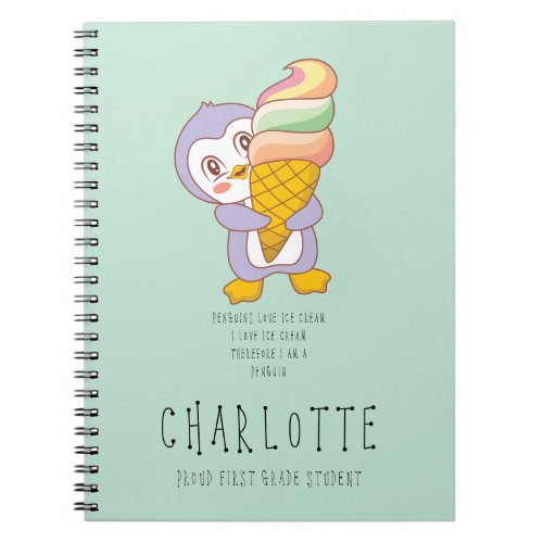 Funny Mint Green Happy Ice Cream Penguin Cartoon  Notebook