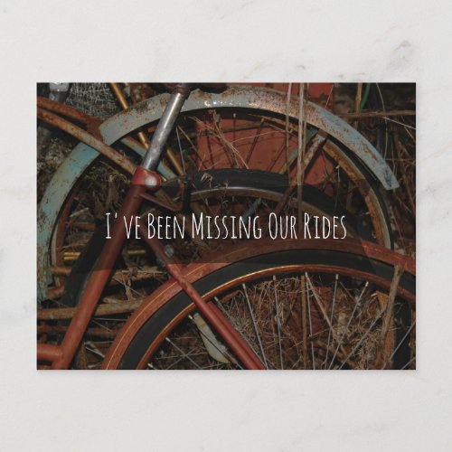 Funny Missing Our Rides Photo of Rusty Bicycles Postcard