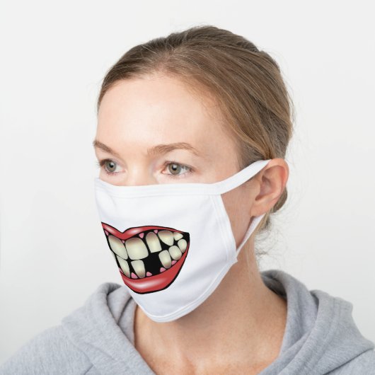 funny missing teeth, big mouth white cotton face mask (Angled)
