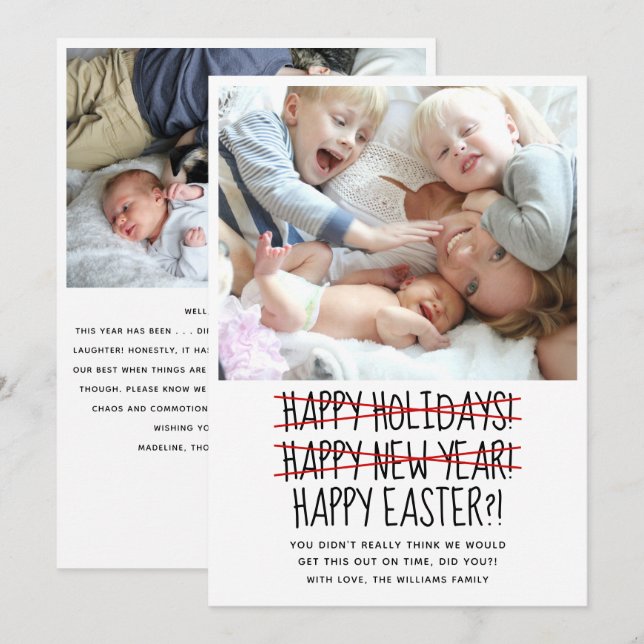 Funny Modern 2 Photo Late New Year Holiday Card (Front/Back)