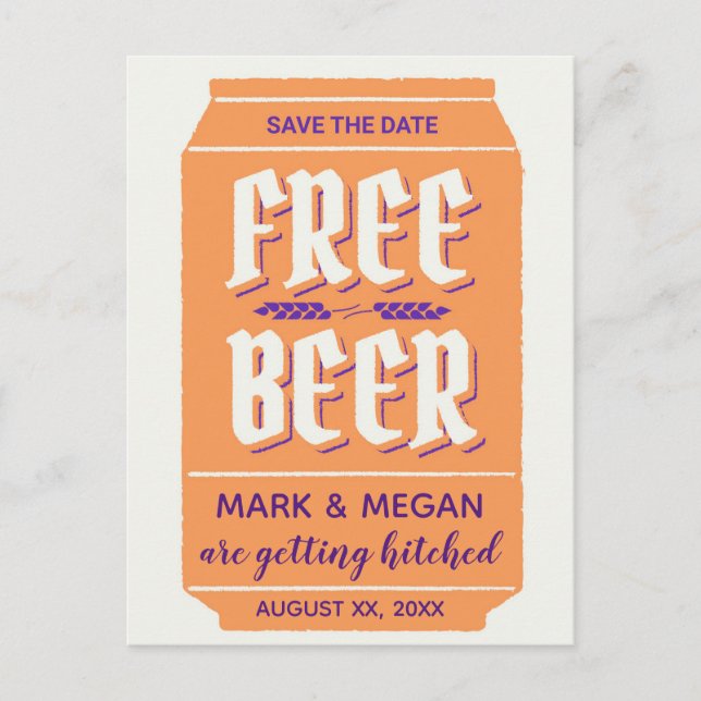 Funny, modern beer themed save date postcard (Front)