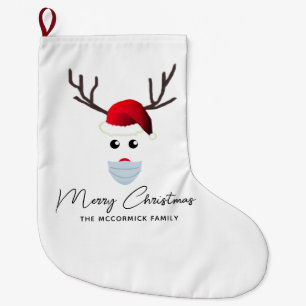 Funny Modern Christmas Reindeer Family Name Large Christmas Stocking