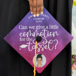 Funny Modern Colorful Gradient Photo Class Of Graduation Cap Topper<br><div class="desc">Funny Modern Colorful Gradient Photo Class Of Graduate Graduation Cap Toppers features your favorite photo and personalized text on an elegant yet modern ombre gradient pattern in shades of purple. The text "Can we give a little commotion for the tassel?" in modern white calligraphy script typography adds a fabulous sense...</div>