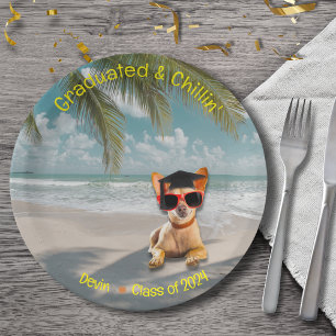 Funny Modern Dog Beach Graduation Paper Plate