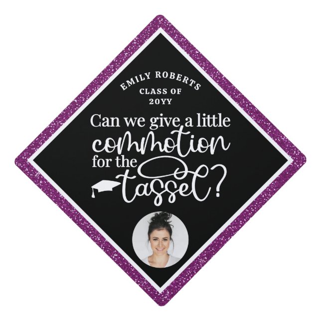 Funny Modern Elegant Purple Glitter Photo Class Of Graduation Cap Topper (Front)