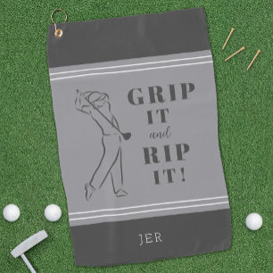 Funny Modern Golfer Silhouette Black Gray Monogram Golf Towel