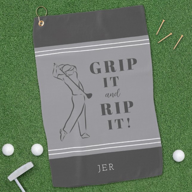 Funny Modern Golfer Silhouette Black Gray Monogram Golf Towel (Creator Uploaded)